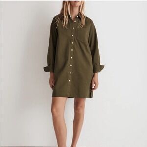 Madewell Shirt Dress Women Medium Olive Green Cotton Twill Oversized Button Down